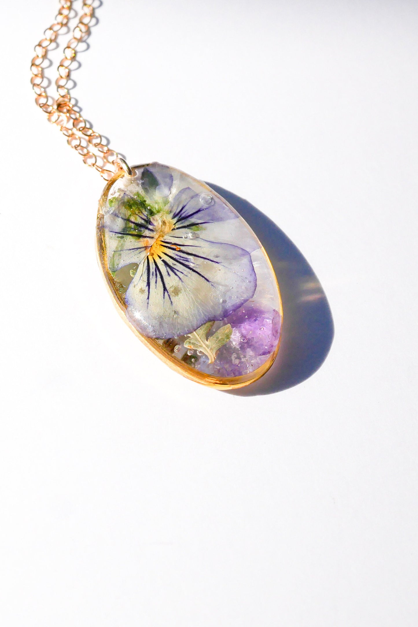 February birth month necklace, pressed birth flower jewelry, birthstone jewelry, pressed violet and amethyst necklace