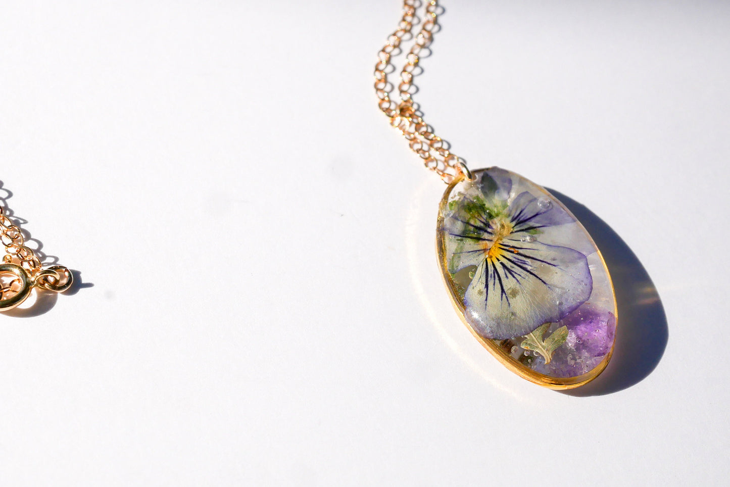 February birth month necklace, pressed birth flower jewelry, birthstone jewelry, pressed violet and amethyst necklace