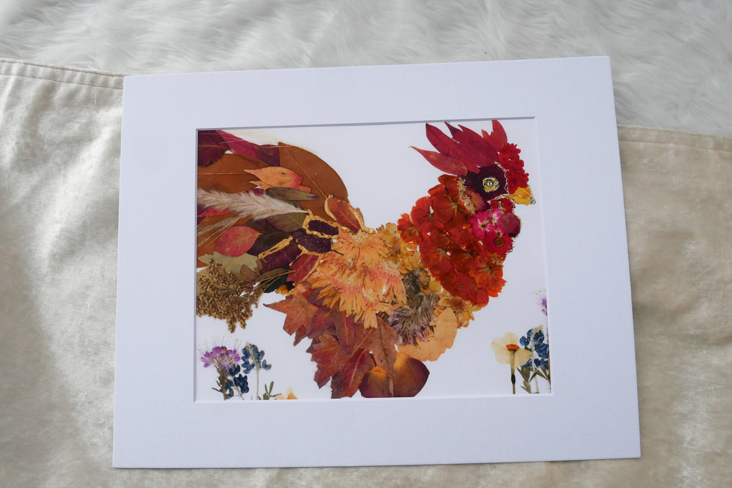 Pressed flower rooster art, real flower art PRINT