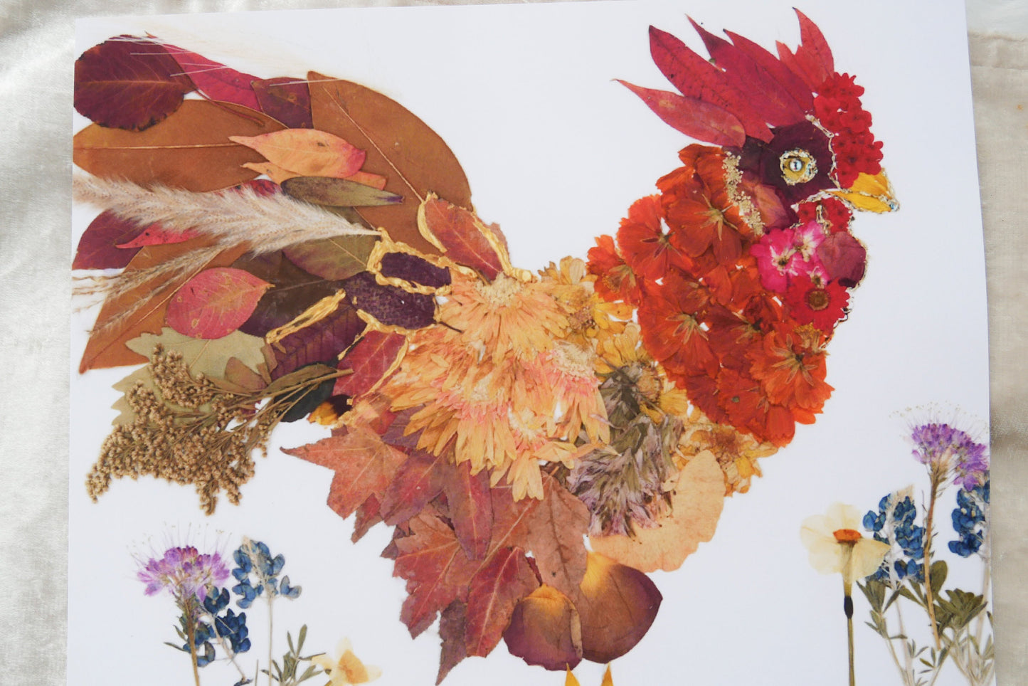 Pressed flower rooster art, real flower art PRINT