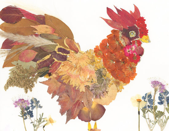 Pressed flower rooster art, real flower art PRINT