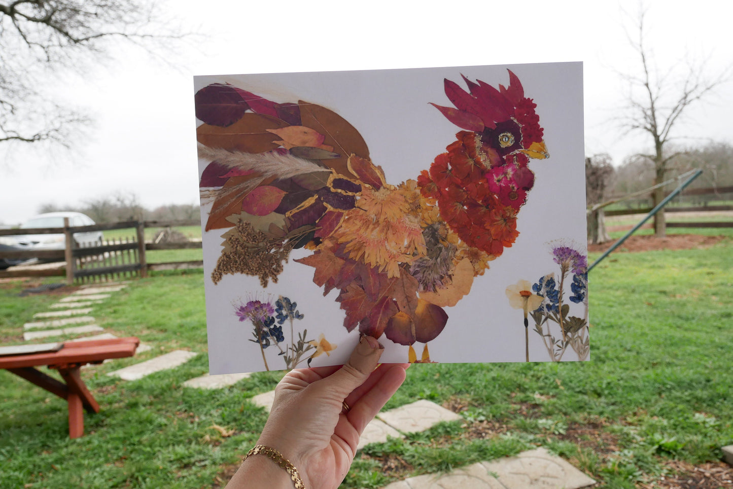 Pressed flower rooster art, real flower art PRINT
