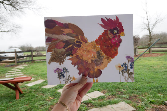 Pressed flower rooster art, real flower art PRINT