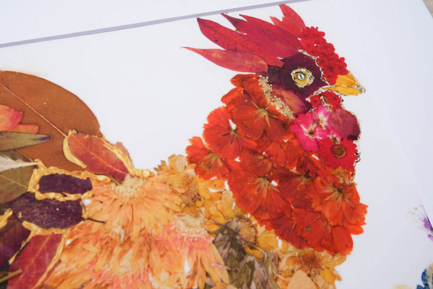 Pressed flower rooster art, real flower art PRINT