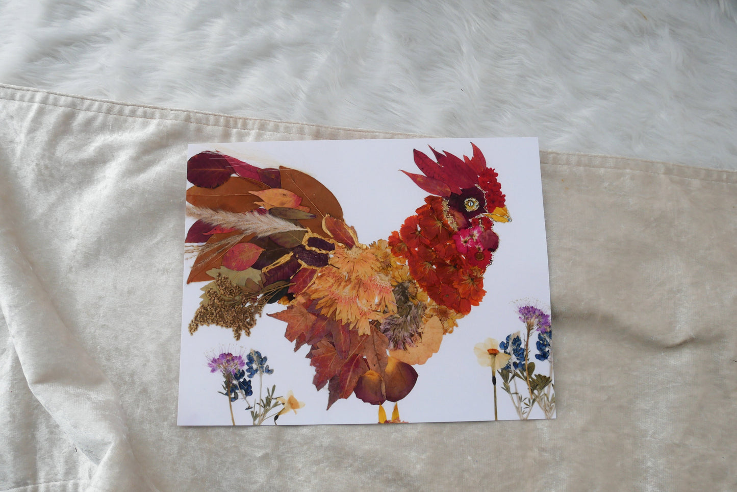Pressed flower rooster art, real flower art PRINT