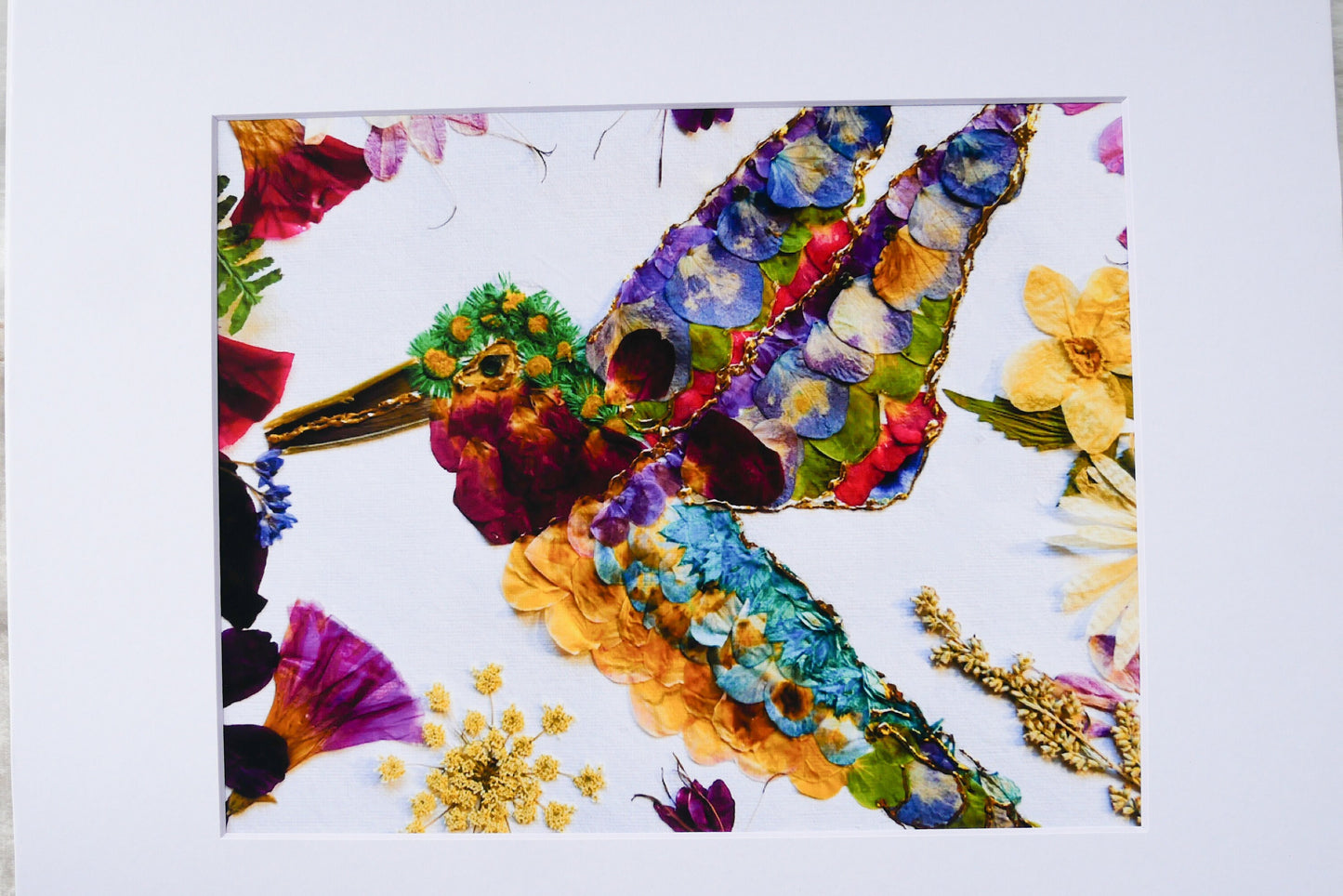 Pressed flower hummingbird art, real flower art PRINT