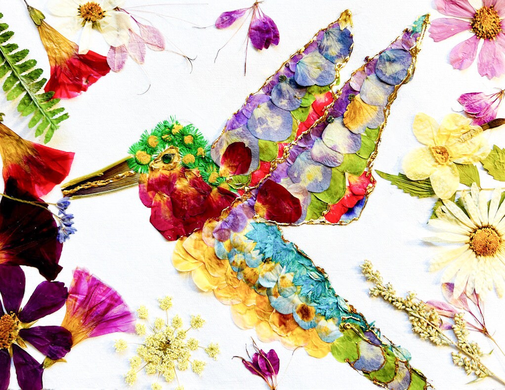 Pressed flower hummingbird art, real flower art PRINT