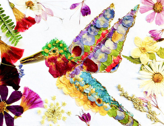 Pressed flower hummingbird art, real flower art PRINT