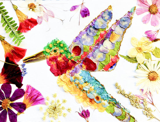 Pressed flower hummingbird art, real flower art PRINT