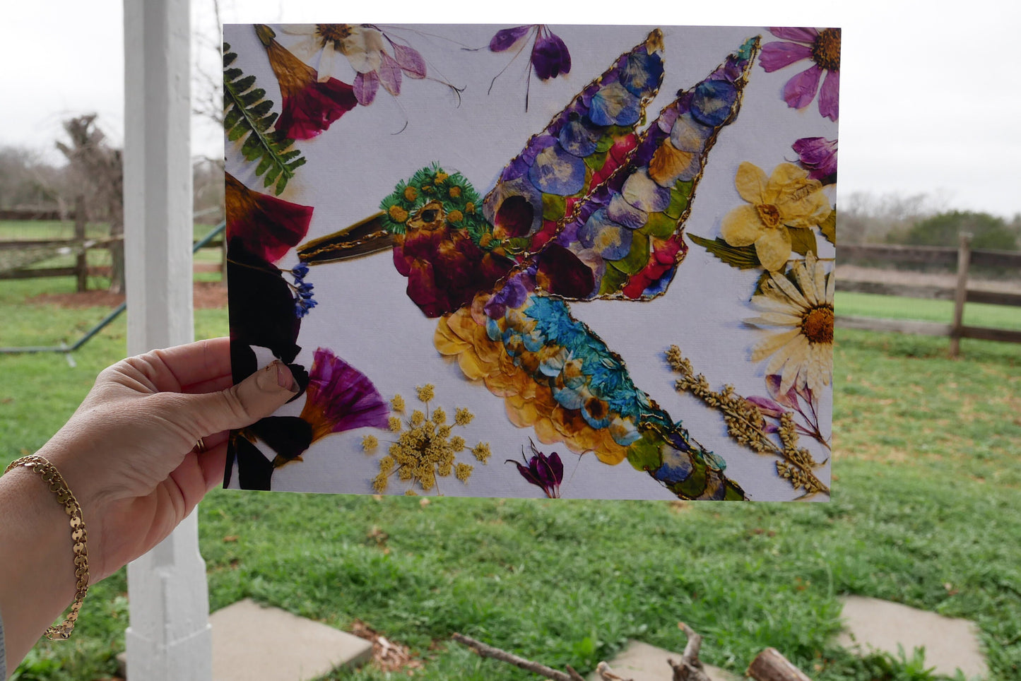 Pressed flower hummingbird art, real flower art PRINT