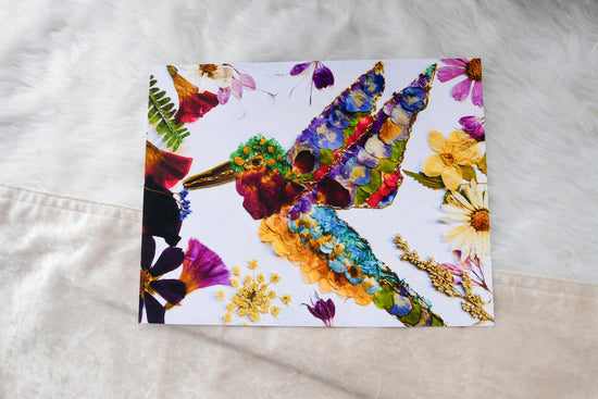 Pressed flower hummingbird art, real flower art PRINT