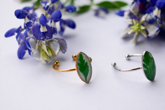 Pressed fern ring, real fern jewelry, pressed botanical ring,  steel adjustable ring