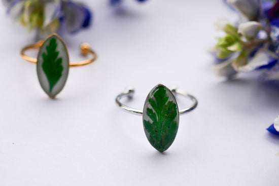 Pressed fern ring, real fern jewelry, pressed botanical ring,  steel adjustable ring
