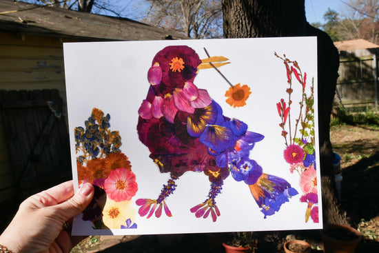 Pressed flower grackle art, floral collage, pressed flower crow art, whimsical bird art