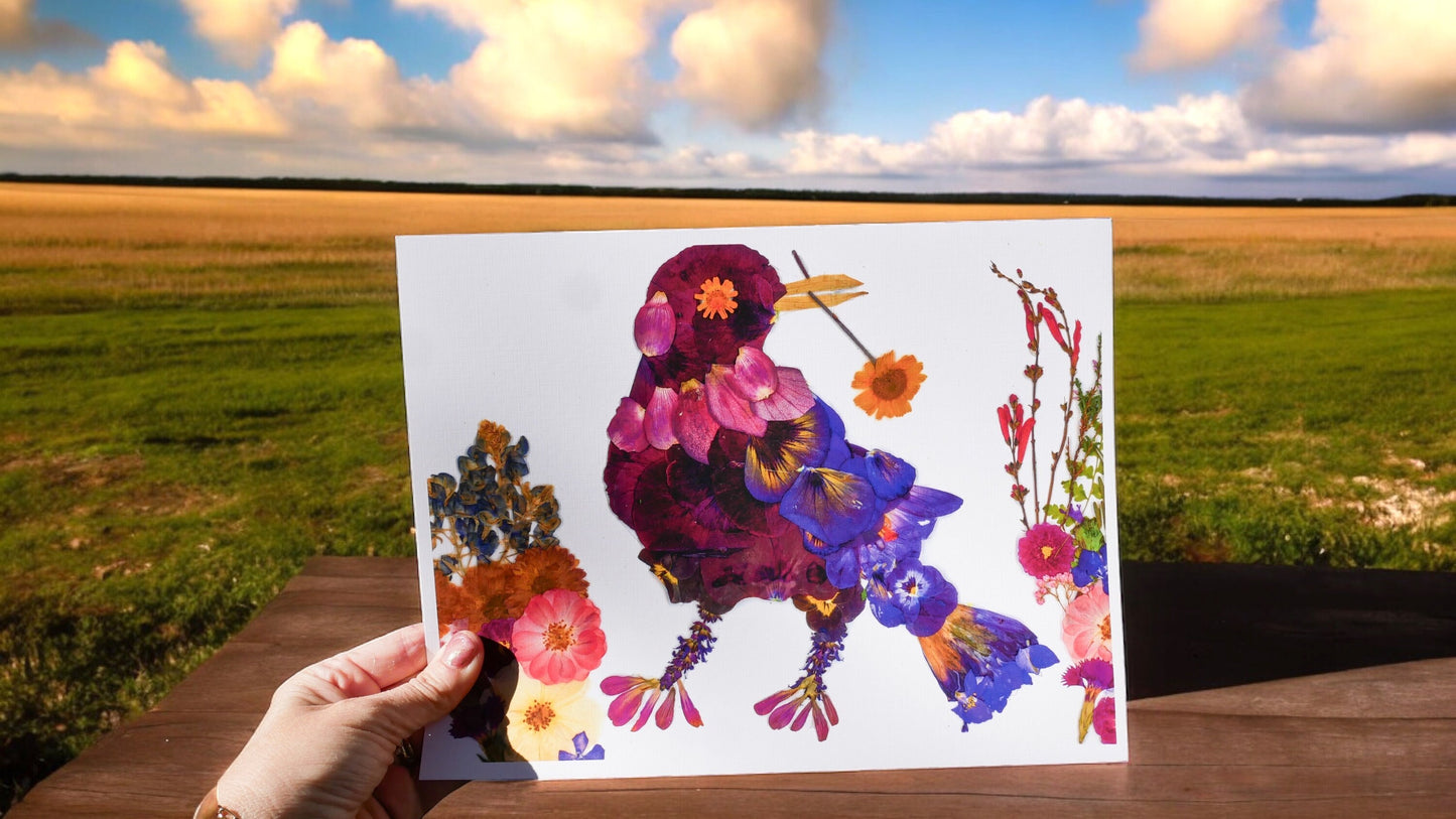 Pressed flower grackle art, floral collage, pressed flower crow art, whimsical bird art