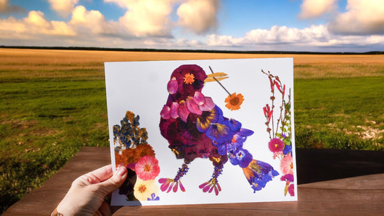 Pressed flower grackle art, floral collage, pressed flower crow art, whimsical bird art