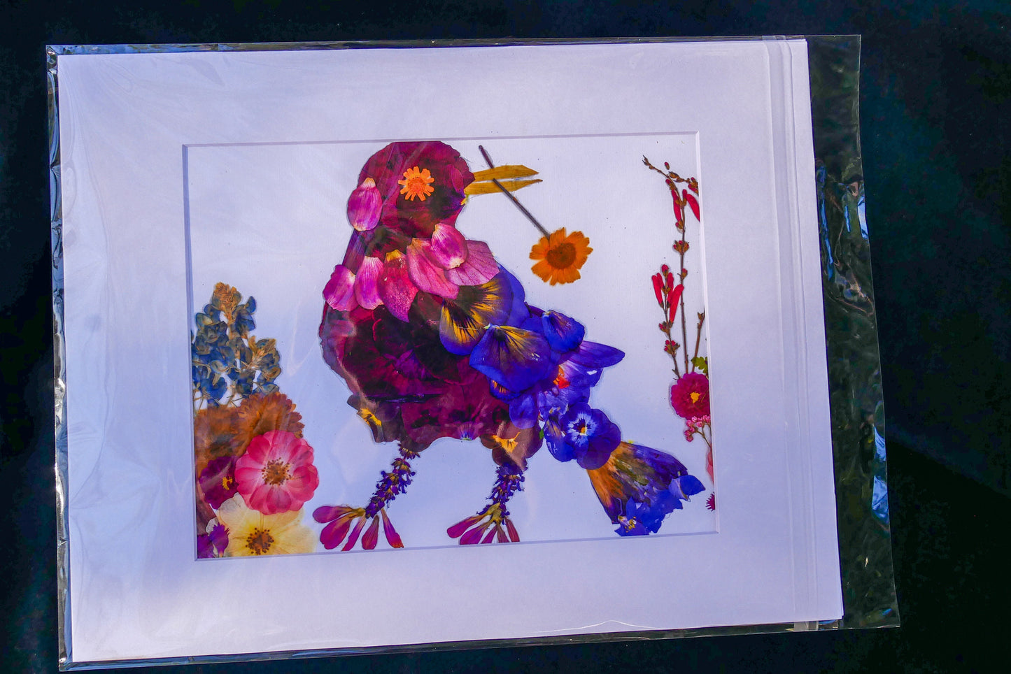Pressed flower grackle art, floral collage, pressed flower crow art, whimsical bird art