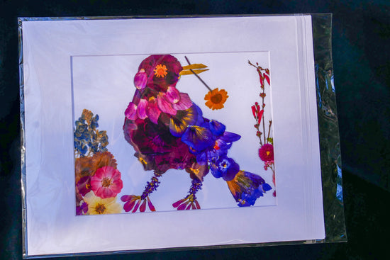 Pressed flower grackle art, floral collage, pressed flower crow art, whimsical bird art