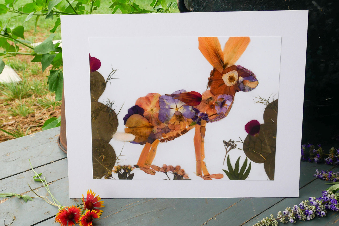 Pressed flower jack rabbit art, real flower art PRINT, whimsical jackrabbit  art, floral collage