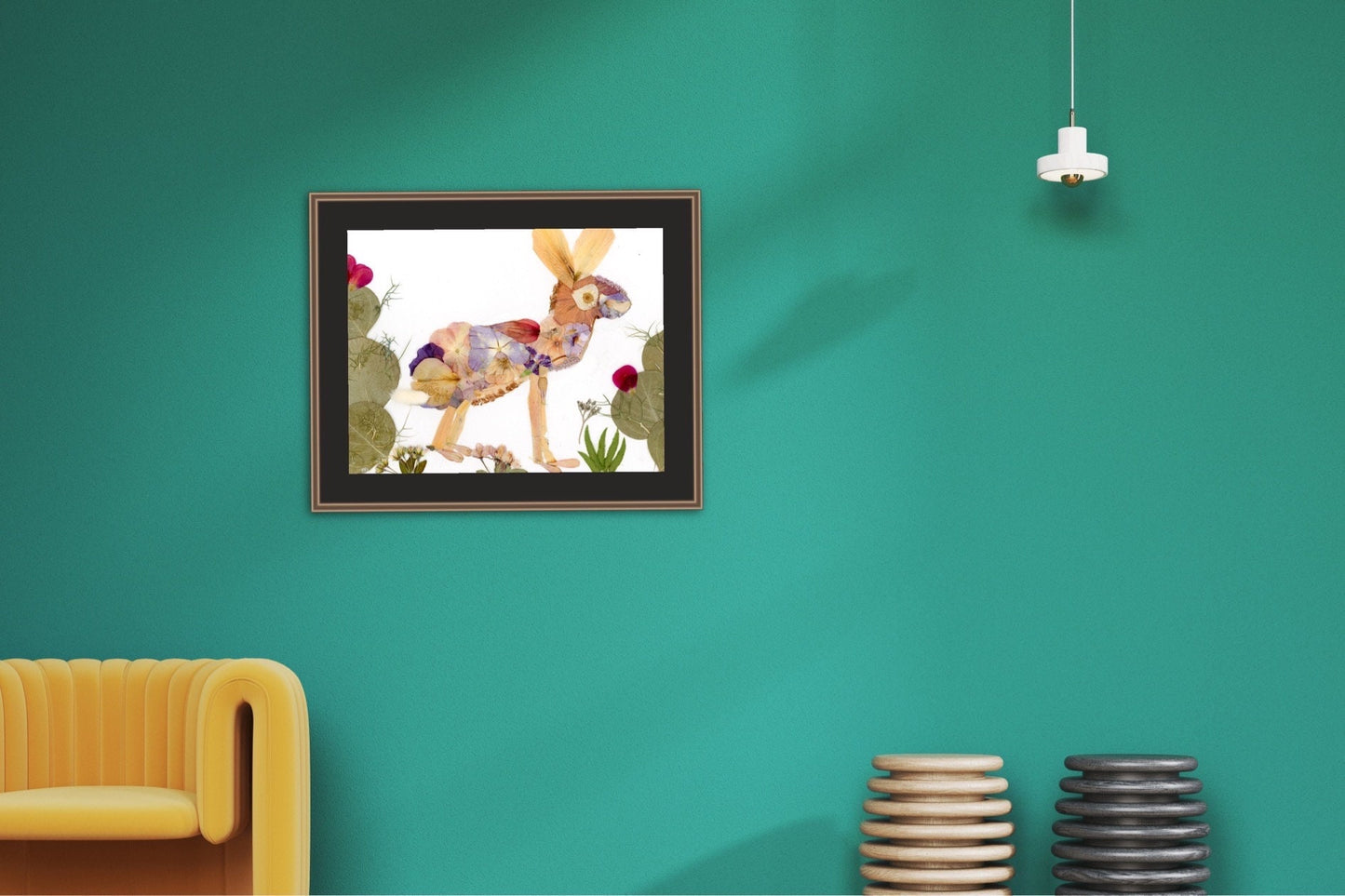Pressed flower jack rabbit art, real flower art PRINT, whimsical jackrabbit  art, floral collage
