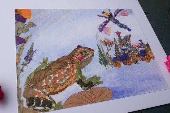 Pressed flower frog and dragonfly art, Whimsical floral collage, Nursery decor, Pressed botanical art