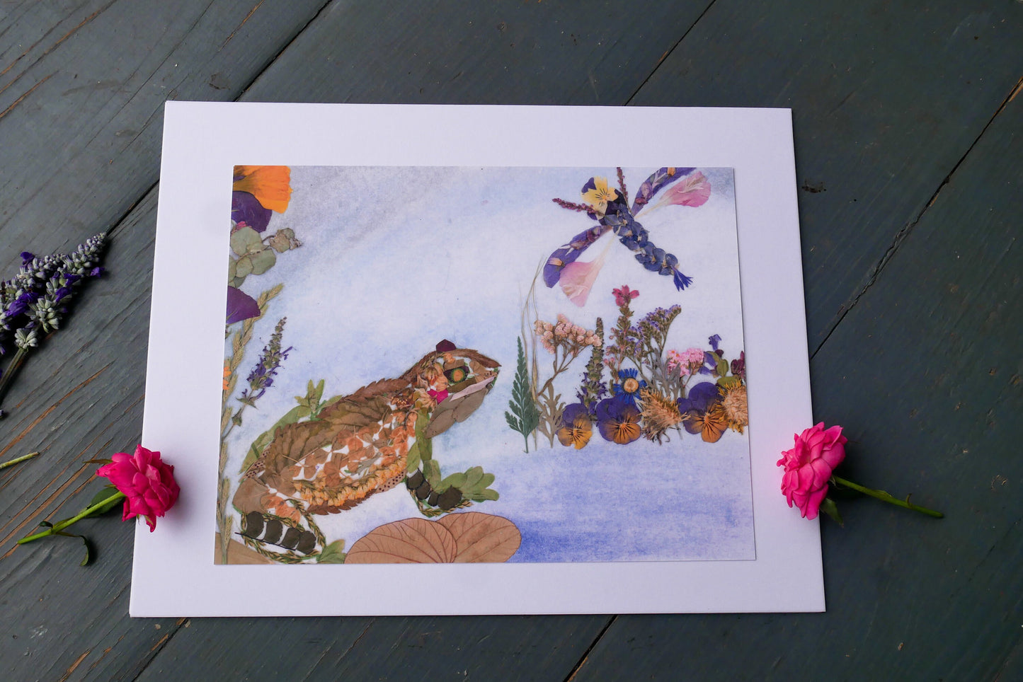 Pressed flower frog and dragonfly art, Whimsical floral collage, Nursery decor, Pressed botanical art