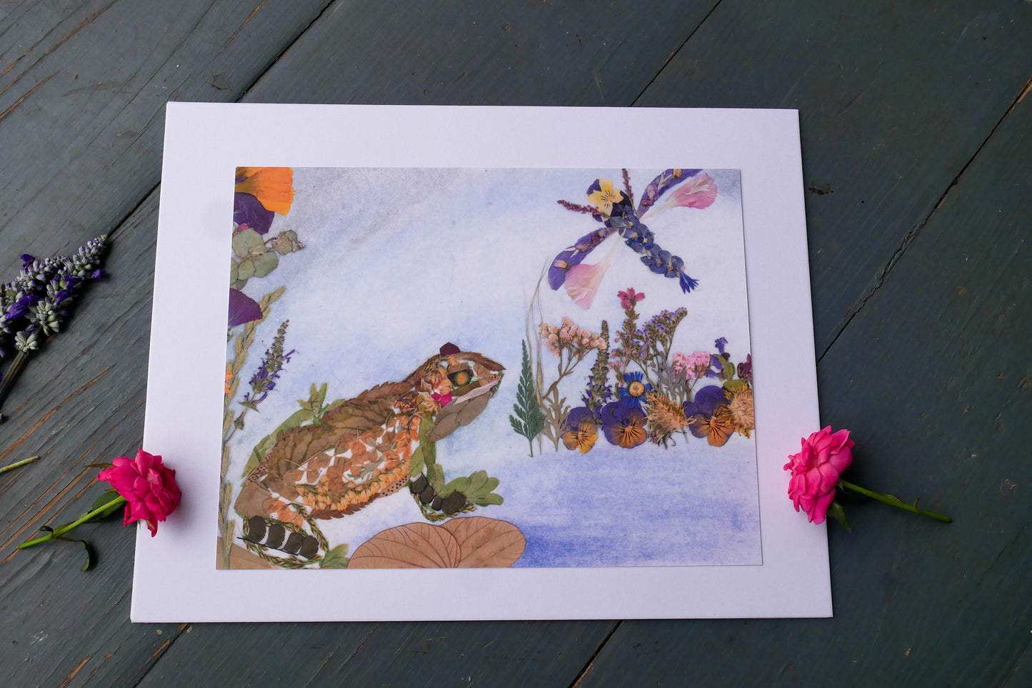 Pressed Flower Wall Art: Frog and Dragonfly - Nursery Decor Print