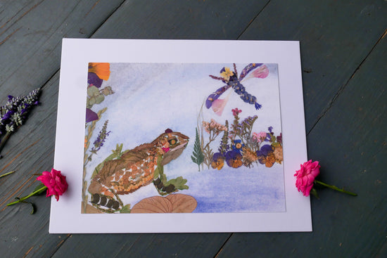 Pressed flower frog and dragonfly art, Whimsical floral collage, Nursery decor, Pressed botanical art