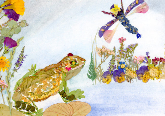 Pressed flower frog and dragonfly art, Whimsical floral collage, Nursery decor, Pressed botanical art