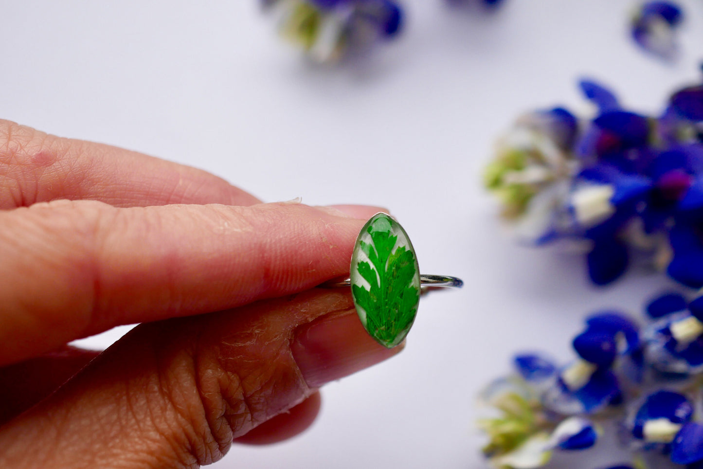 Pressed fern ring, real fern jewelry, pressed botanical ring,  steel adjustable ring