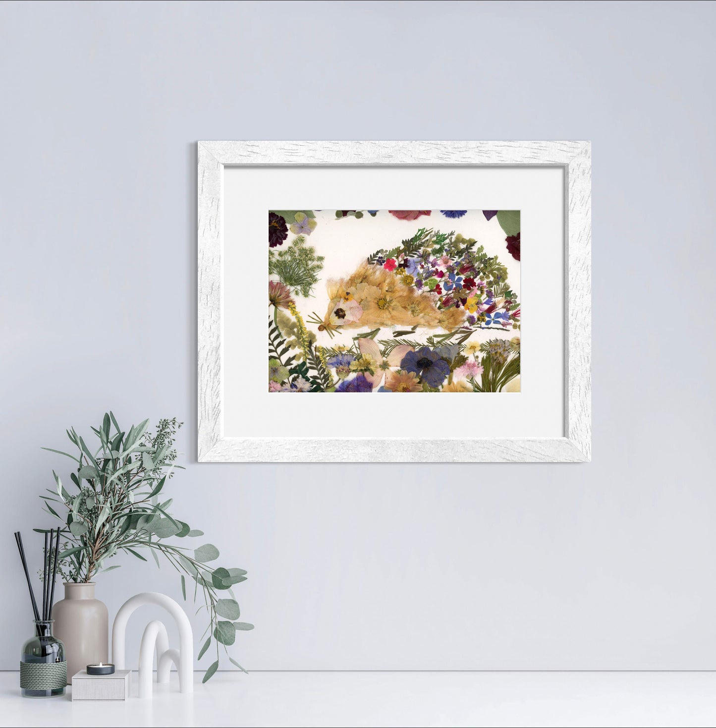 Pressed Flower Hedgehog art, Whimsical Hedgehog, Art Print for woodland nursery