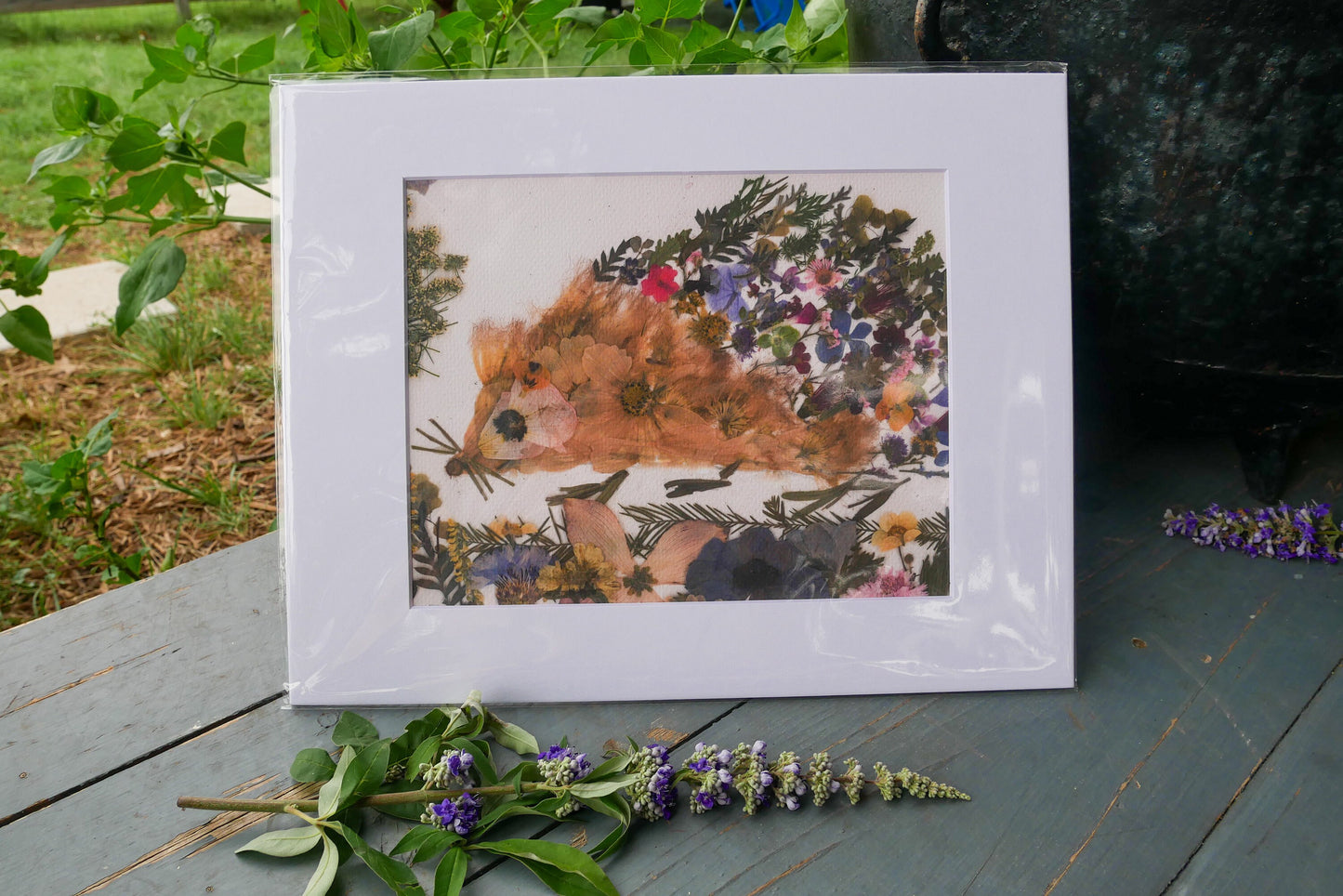 Pressed Flower Hedgehog art, Whimsical Hedgehog, Art Print for woodland nursery
