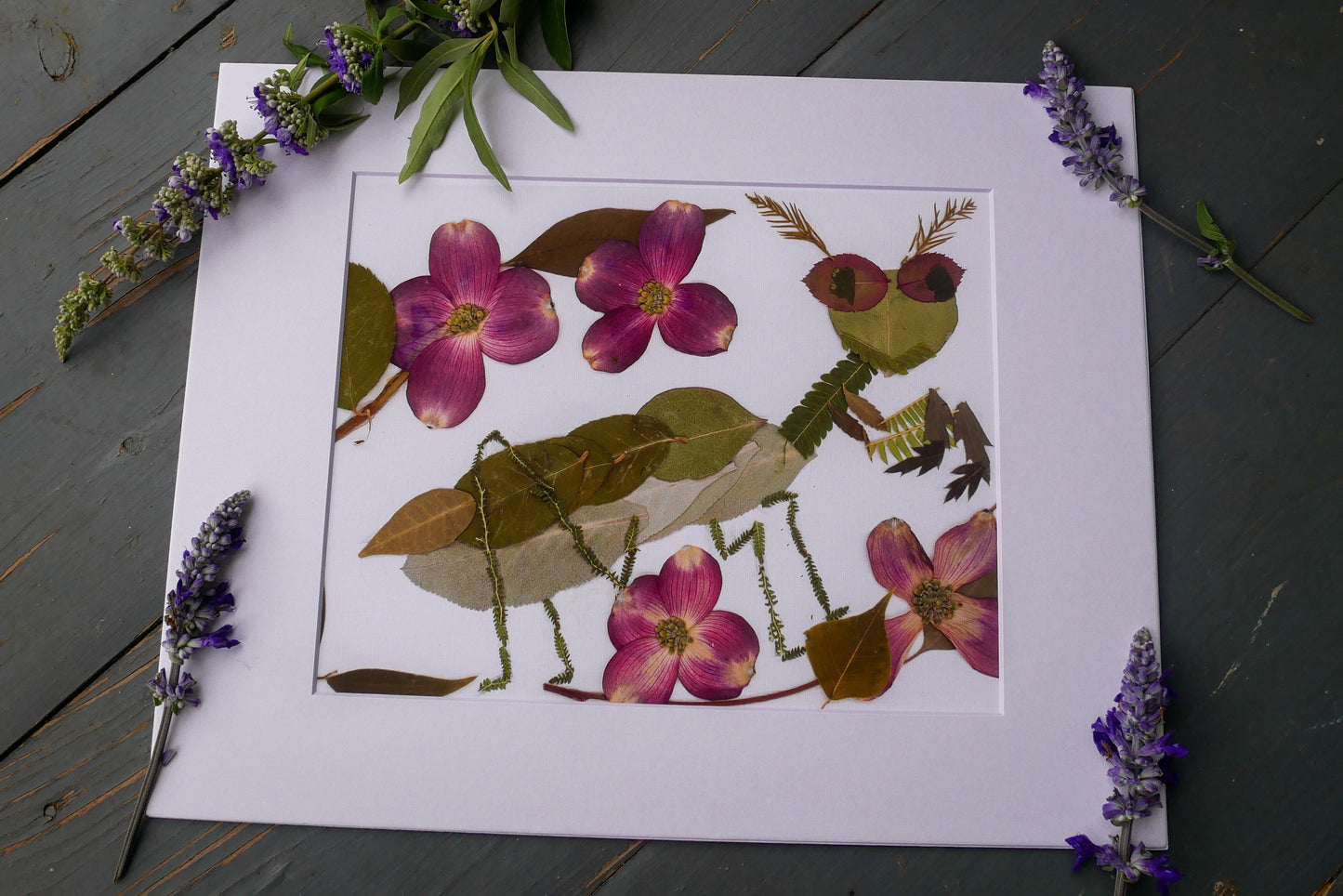 Pressed flower Praying Mantis  art, floral collage heart, whimsical art made with real flowers