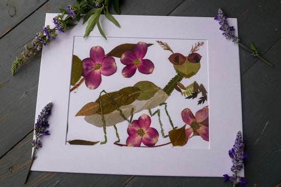 Pressed flower Praying Mantis  art, floral collage heart, whimsical art made with real flowers