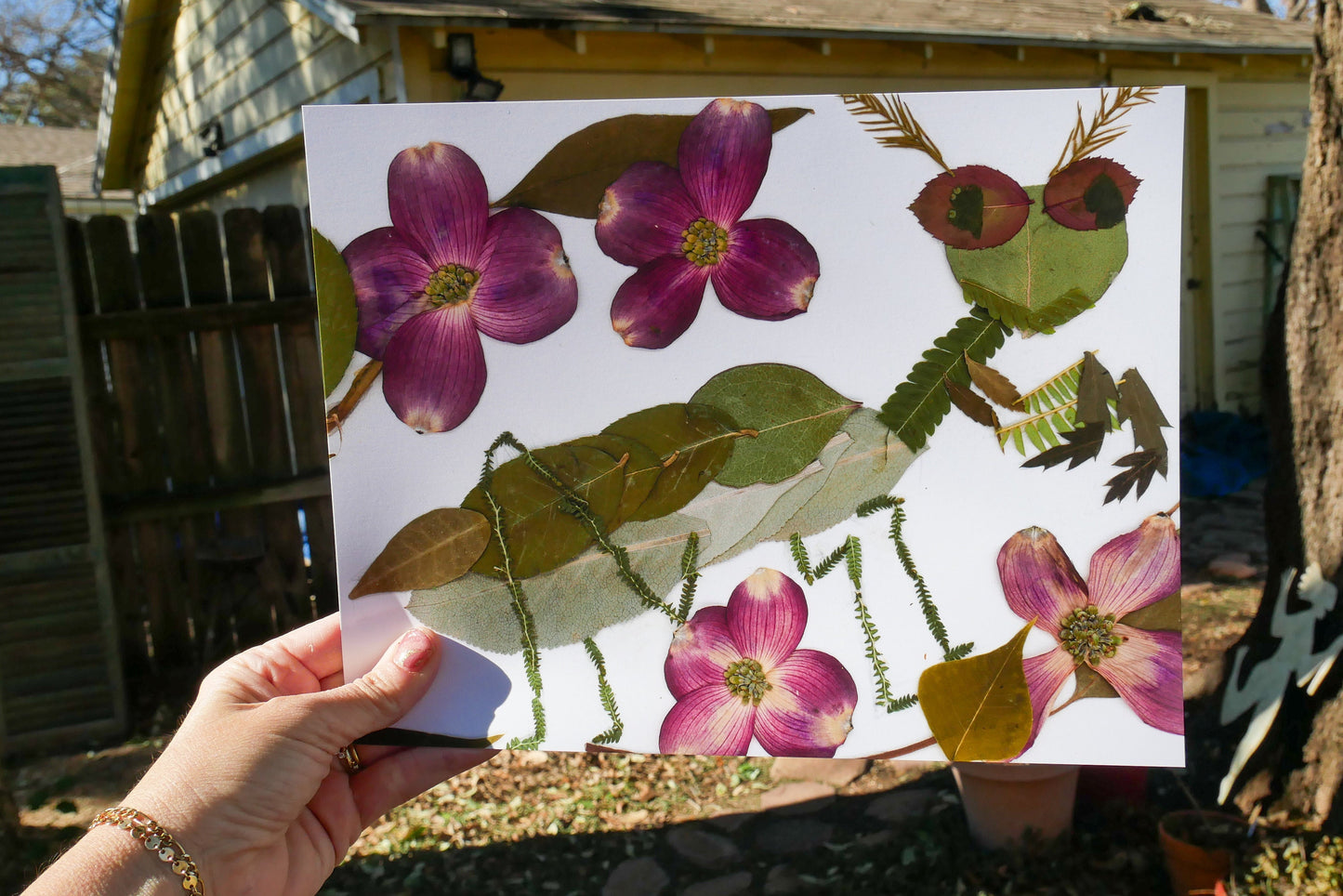 Pressed flower Praying Mantis  art, floral collage heart, whimsical art made with real flowers