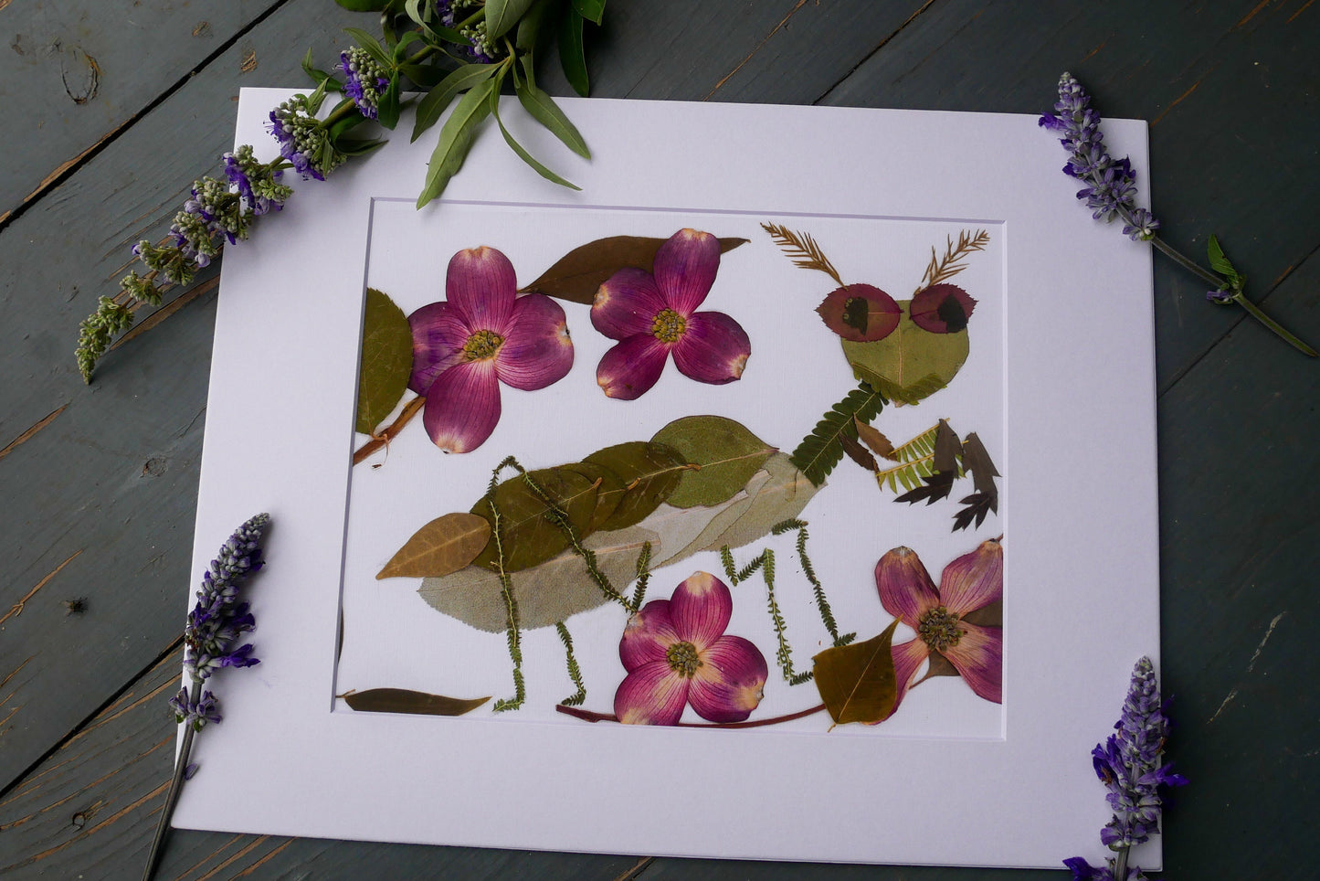 Pressed flower Praying Mantis  art, floral collage heart, whimsical art made with real flowers