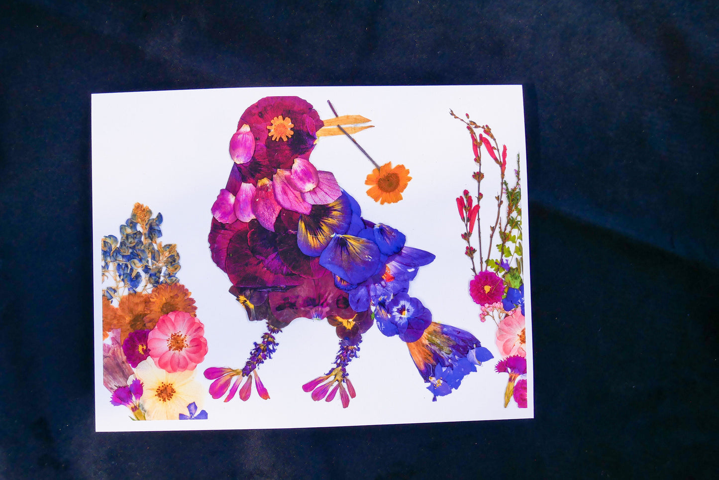 Pressed flower grackle art, floral collage, pressed flower crow art, whimsical bird art