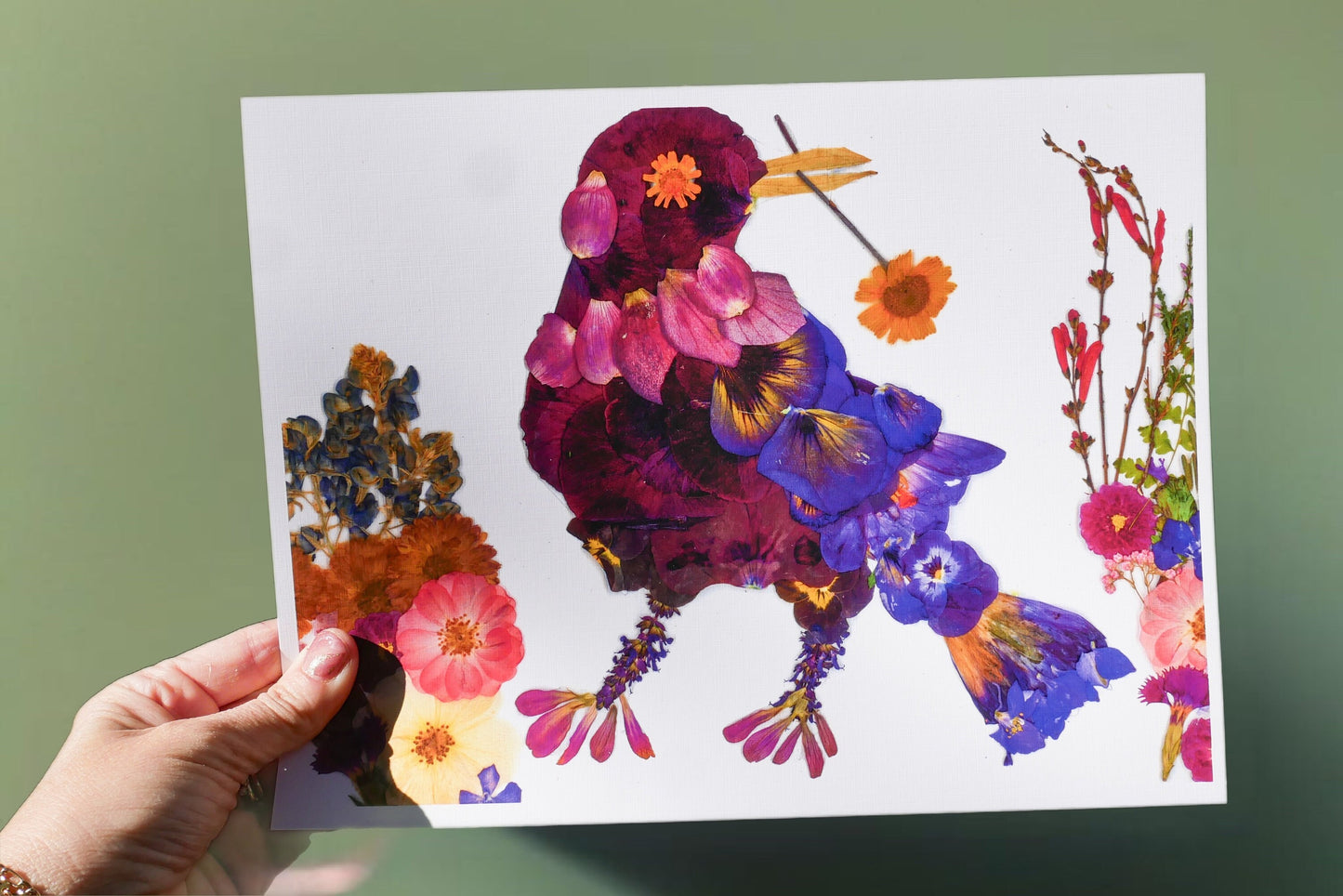 Pressed flower grackle art, floral collage, pressed flower crow art, whimsical bird art
