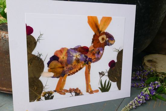 Pressed flower jack rabbit art, real flower art PRINT, whimsical jackrabbit  art, floral collage