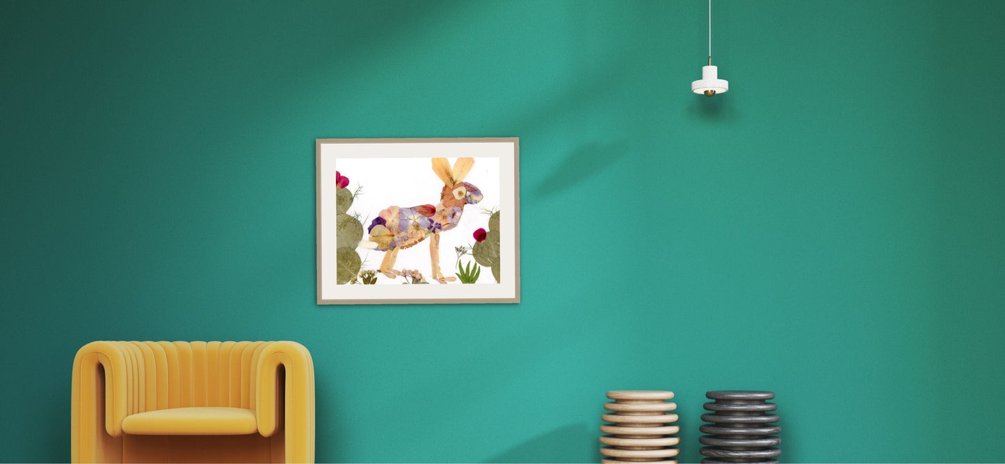 Pressed flower jack rabbit art, real flower art PRINT, whimsical jackrabbit  art, floral collage