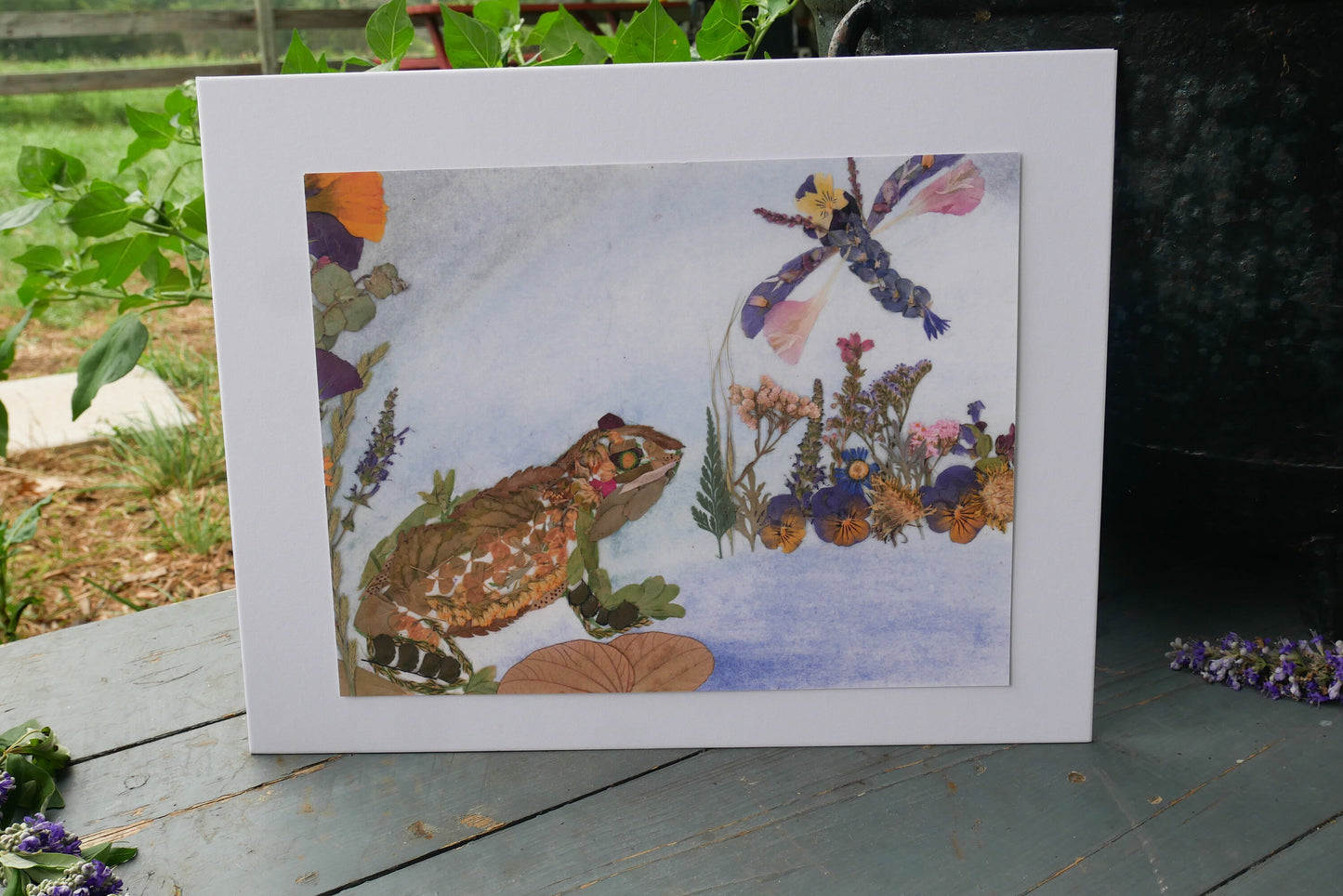 Pressed flower frog and dragonfly art, Whimsical floral collage, Nursery decor, Pressed botanical art