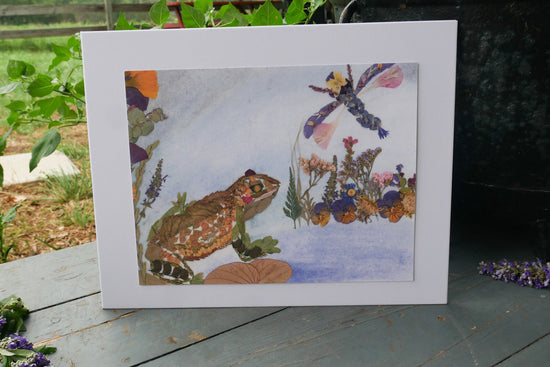 Pressed flower frog and dragonfly art, Whimsical floral collage, Nursery decor, Pressed botanical art