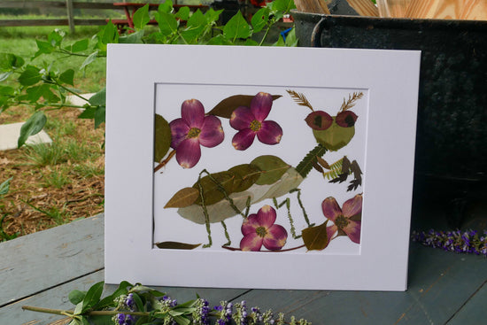 Pressed flower Praying Mantis  art, floral collage heart, whimsical art made with real flowers