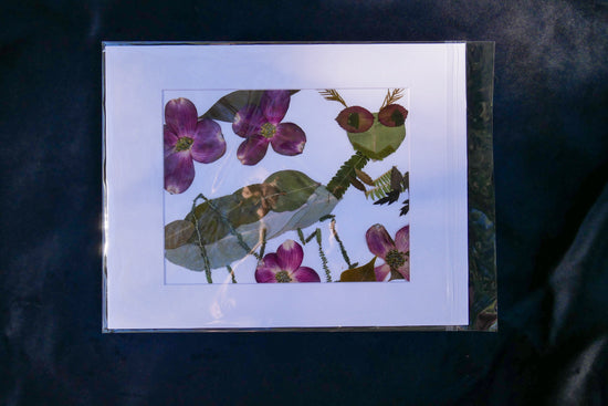 Pressed flower Praying Mantis  art, floral collage heart, whimsical art made with real flowers