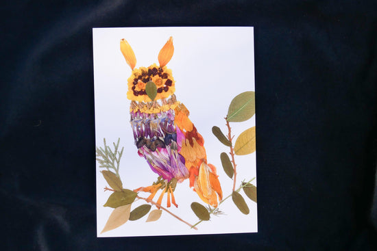 Pressed flower Owl  art, floral collage owl, whimsical art made with real flowers, whimsical owl  print