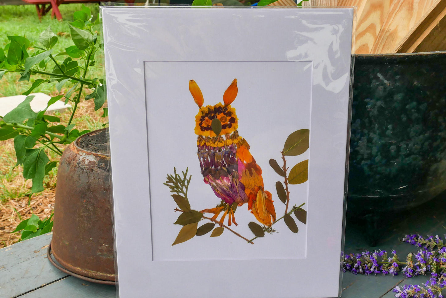 Pressed flower Owl  art, floral collage owl, whimsical art made with real flowers, whimsical owl  print