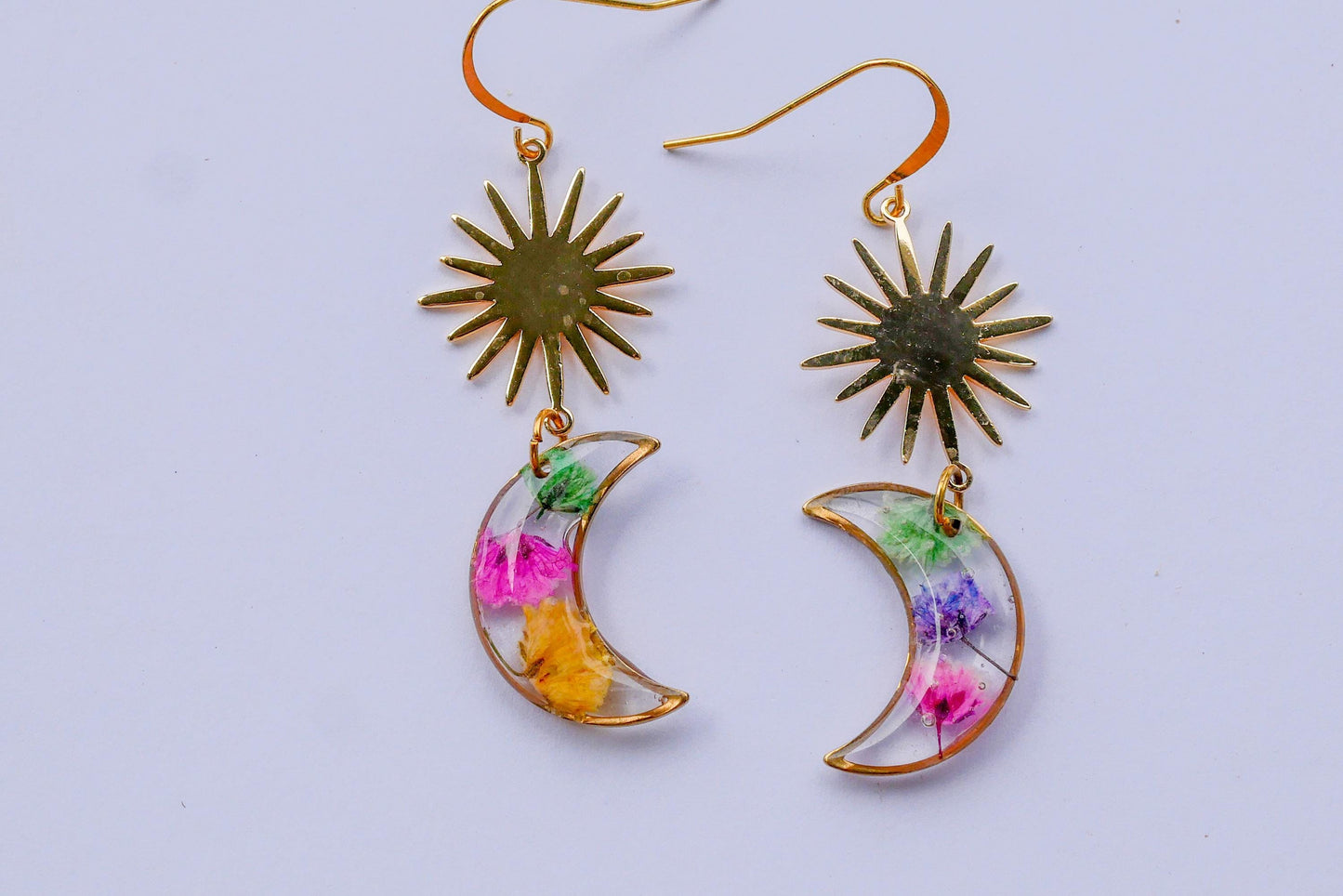 pressed flower sun and moon earrings, real flower moon earrings
