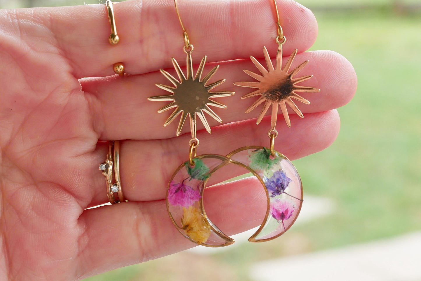 pressed flower sun and moon earrings, real flower moon earrings