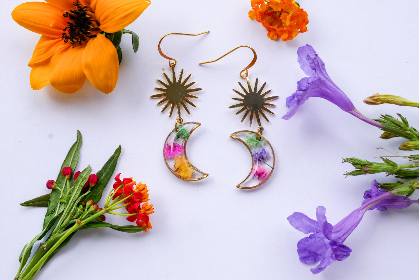 pressed flower sun and moon earrings, real flower moon earrings