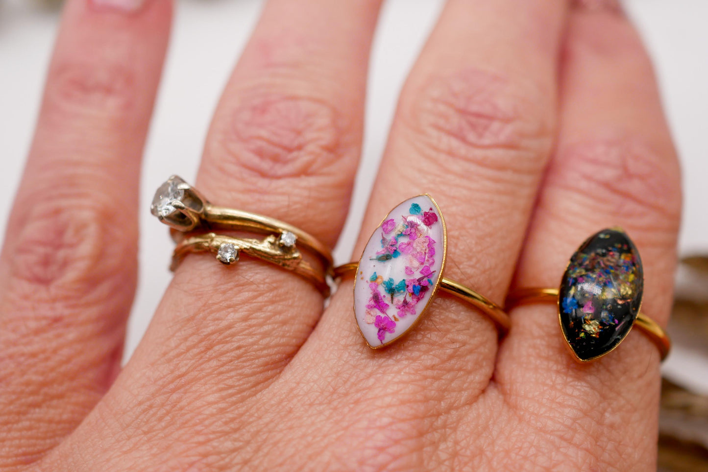 Pressed Flower Confetti Ring – marquise Shape, Adjustable ring pressed flowers
